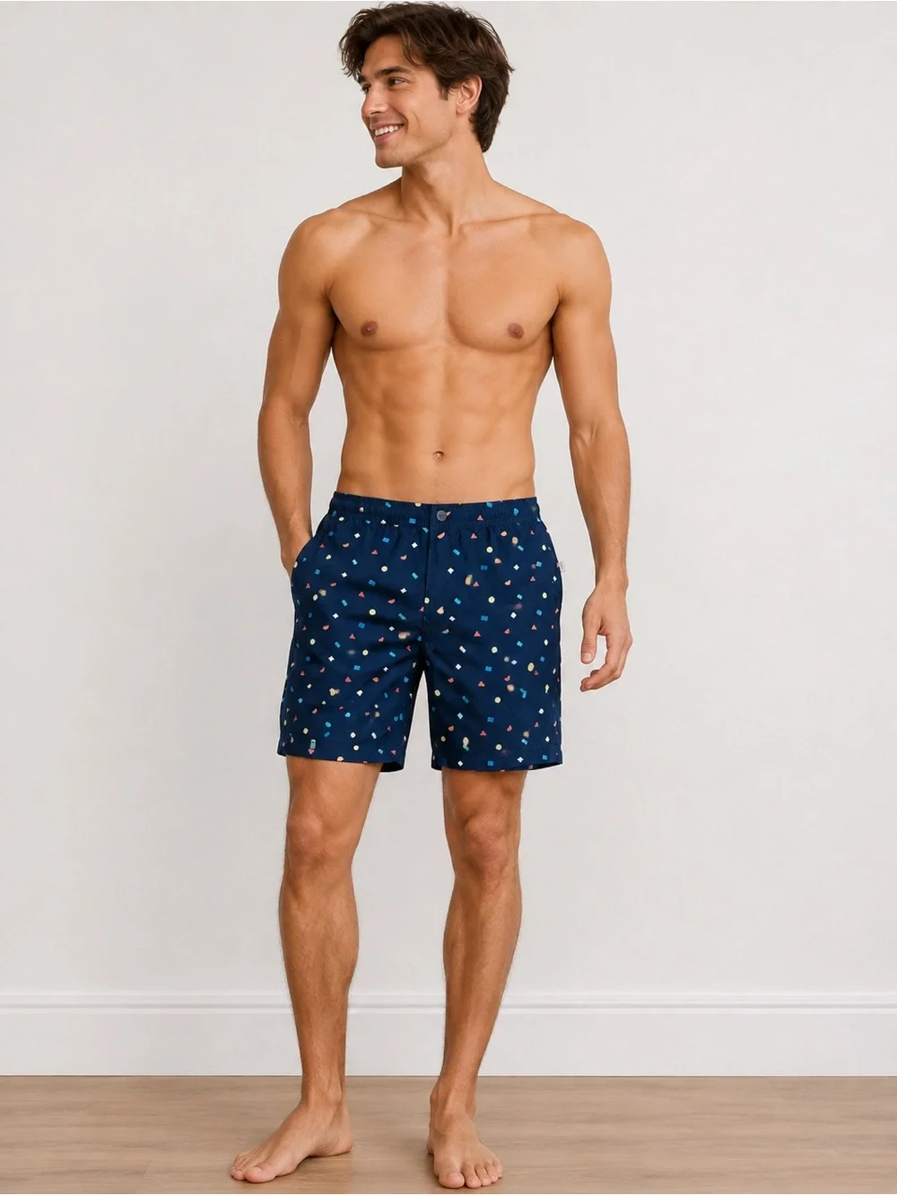 Olia Men’s L/G Navy Geometric Print Swim Trunks Board Shorts Multicolor